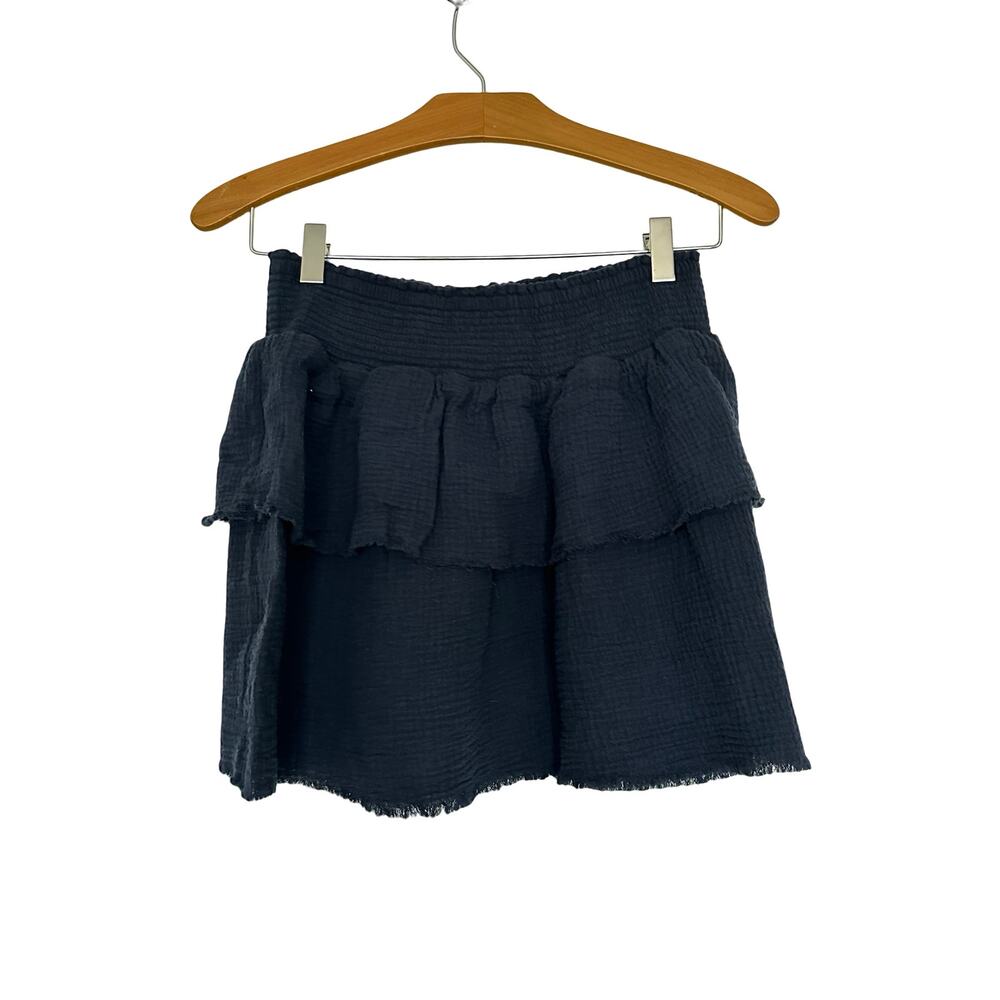 Sundays Smocked Tiered Mini Skirt Black Gauze Raw Hem Grunge Whimsygoth Size S